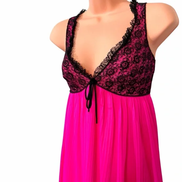 Vintage Hot Pink and Black Lace Nightgown or Slip Dress - Union Made! - Picture 4 of 9
